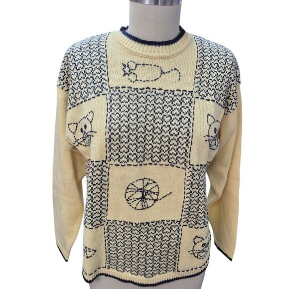 Christopher & Banks Sweaters - Vtg Cat Lady sweater Christopher & Banks Cotton Yellow Navy Blue Heart/Cats Sz L